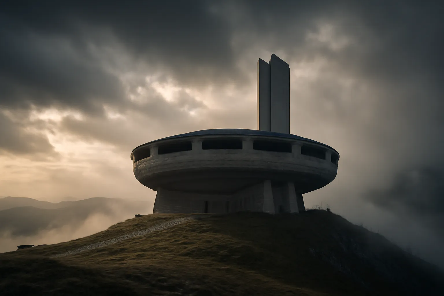 Iva Genova devant le monument de Buzludzha, architecture communiste bulgare emblématique - illustration 1
