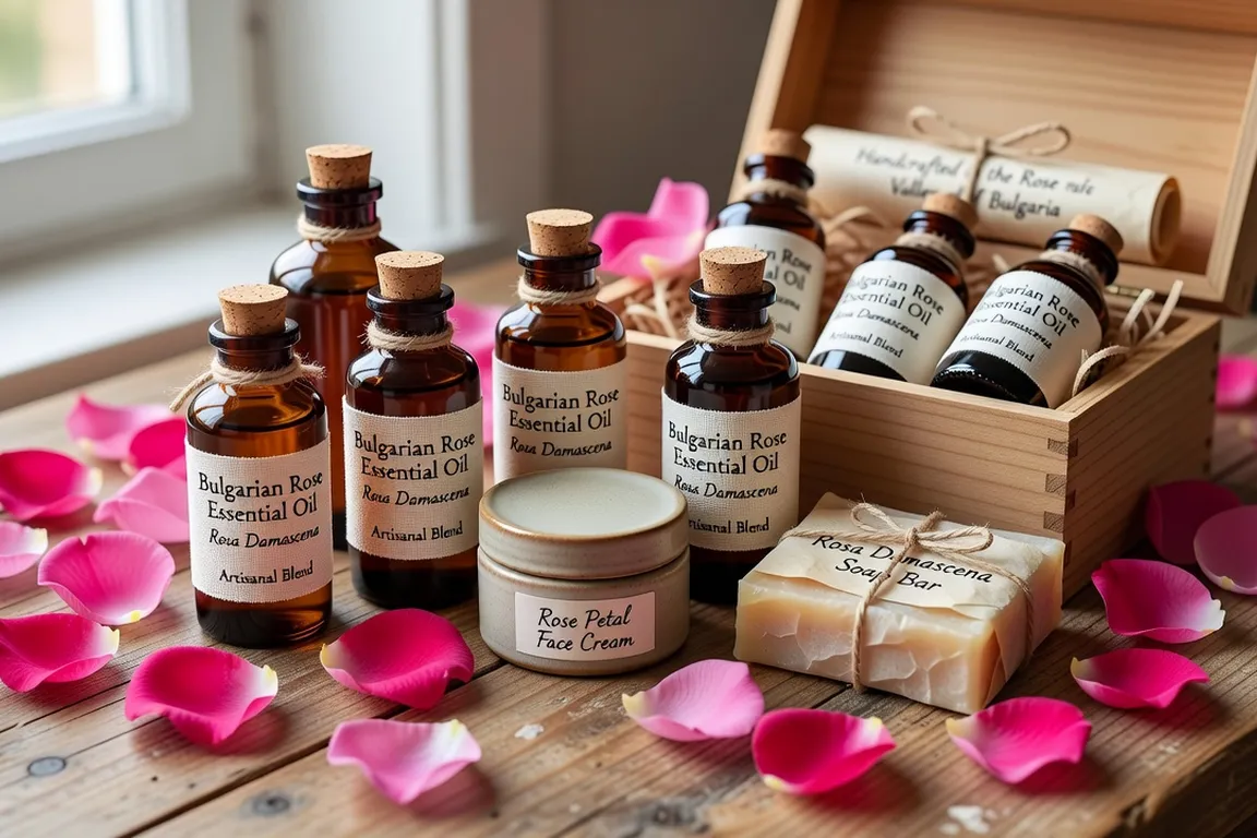 Flacons d’huile essentielle de rose bulgare et cosmétiques naturels, pétales de rosa damascena, packaging artisanal élégant