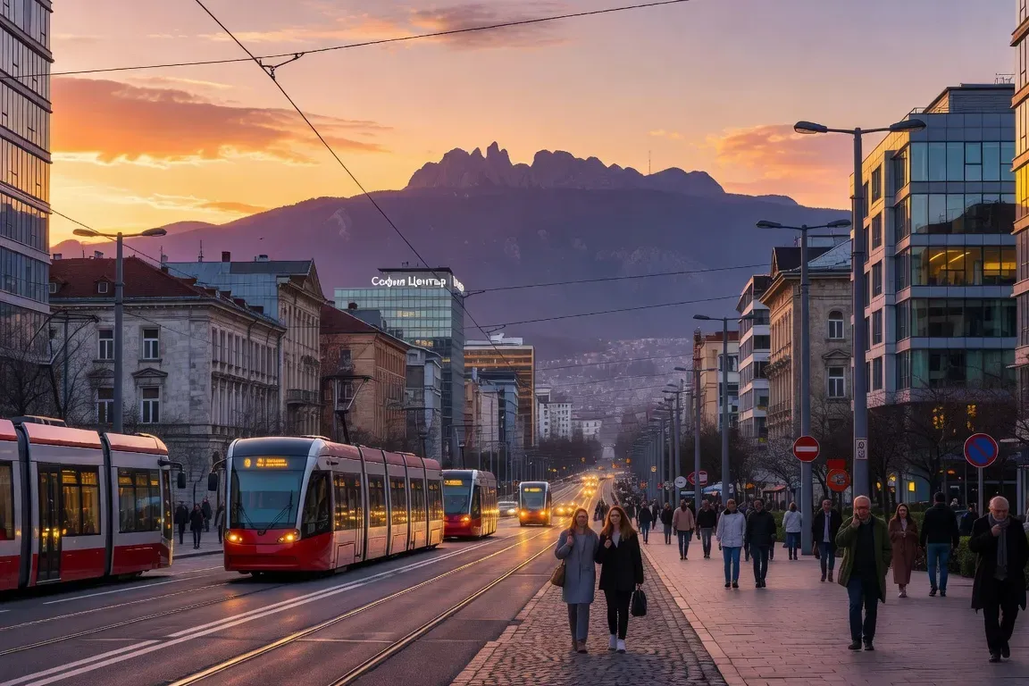 Boulevard Vitosha à Sofia au coucher du soleil, tramways, piétons, silhouette du mont Vitosha