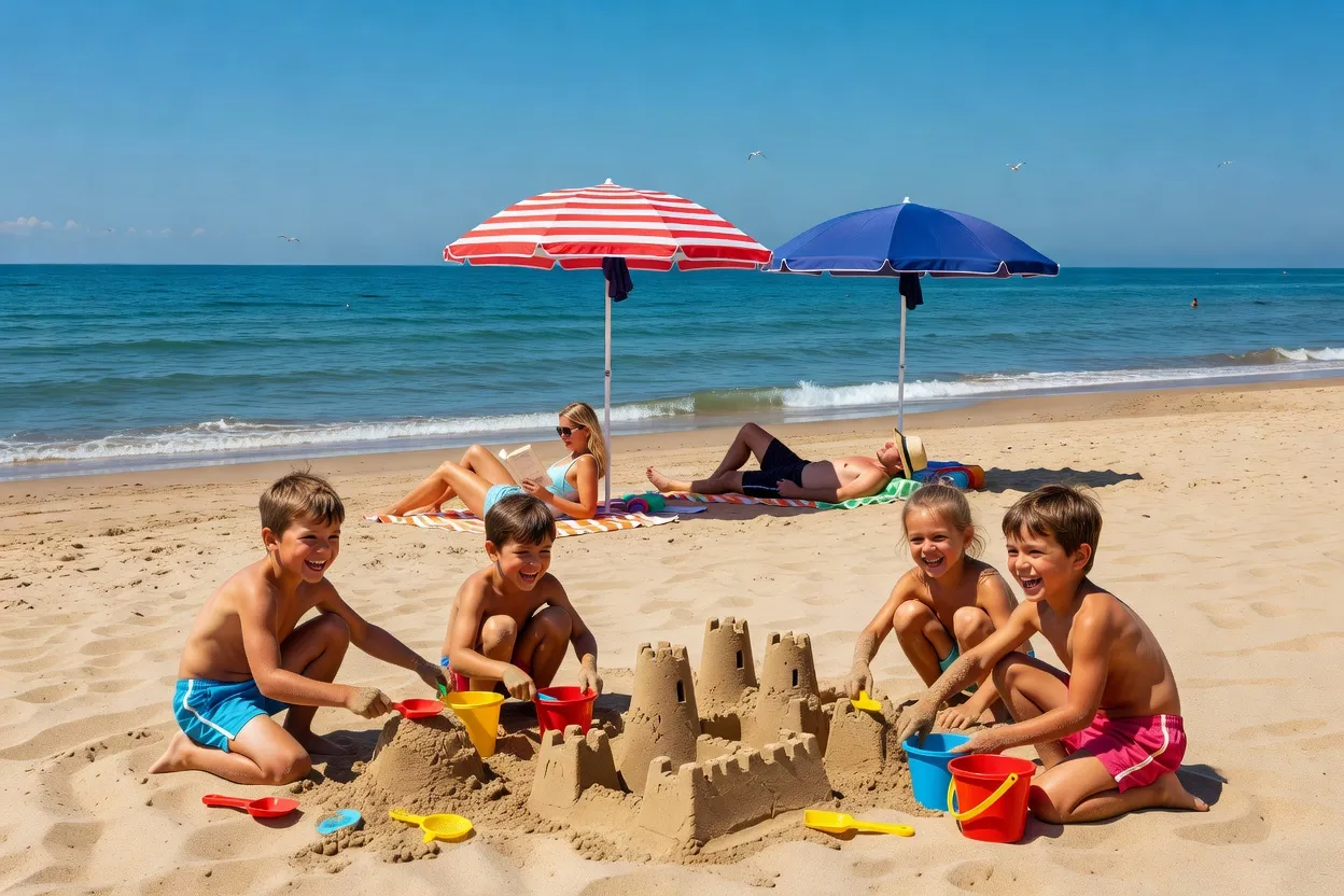 Famille avec enfants visitant un site touristique en Bulgarie, ambiance conviviale - illustration 1