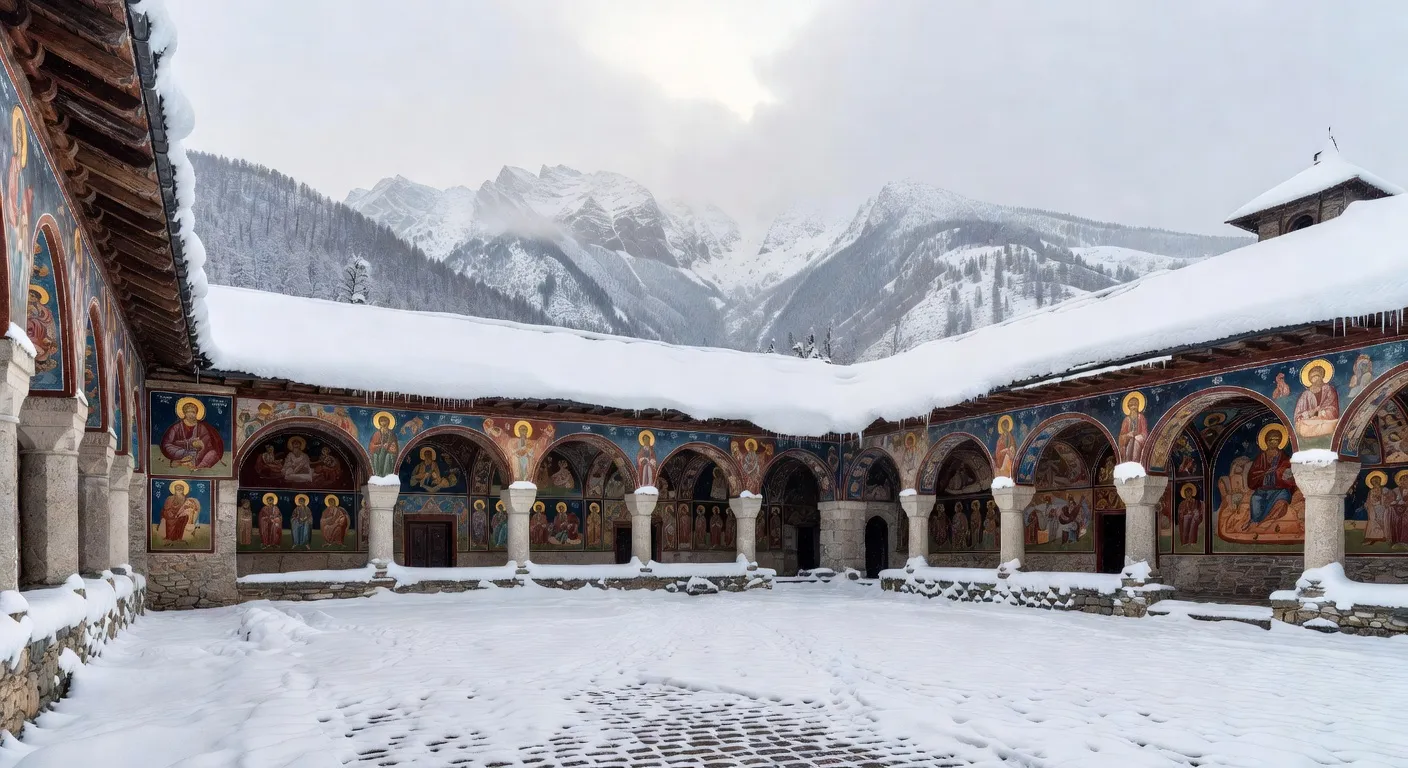 Le monastère de Rila sous la neige en Bulgarie