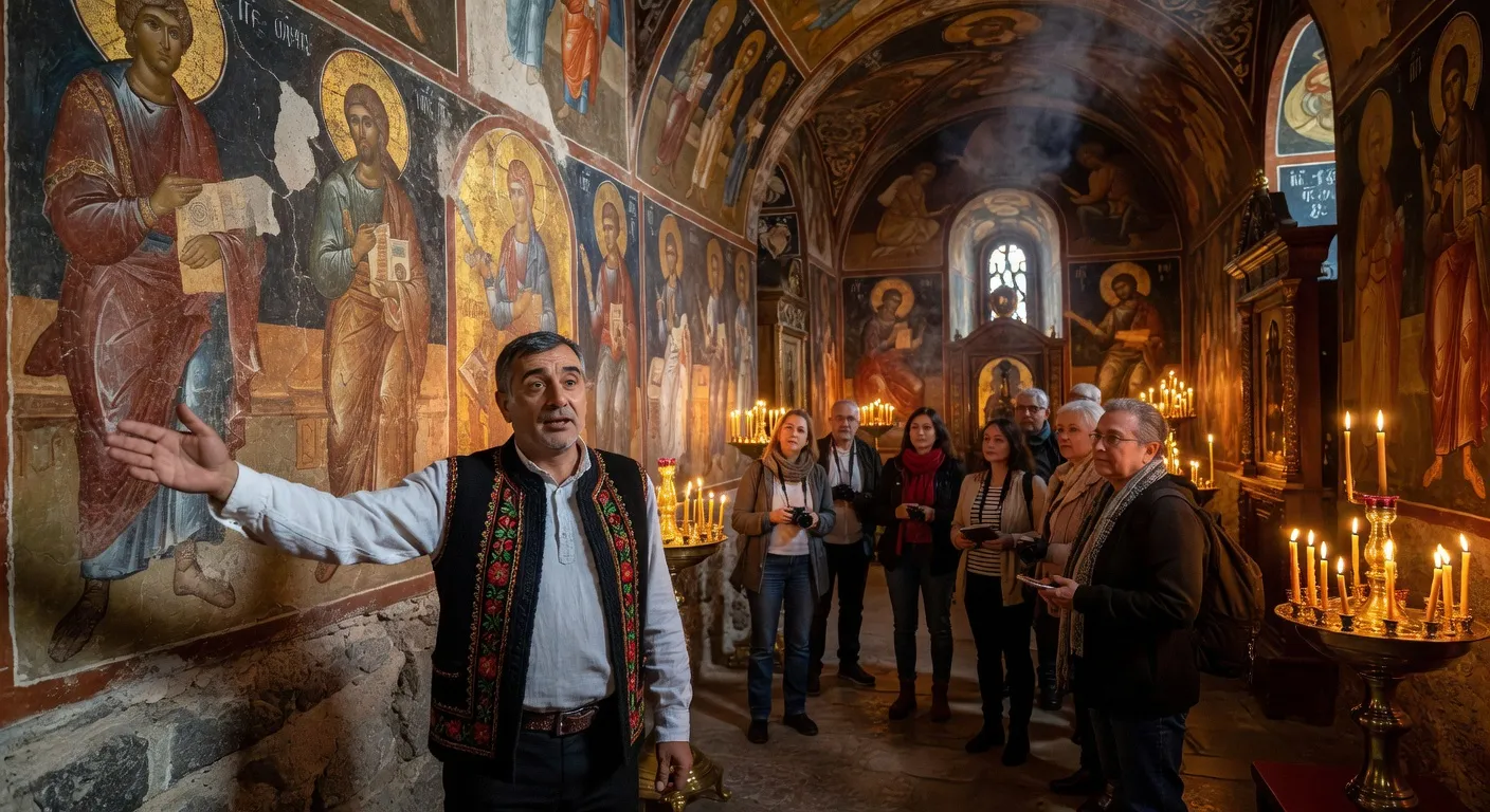 Guide local francophone expliquant des fresques dans un monastère bulgare