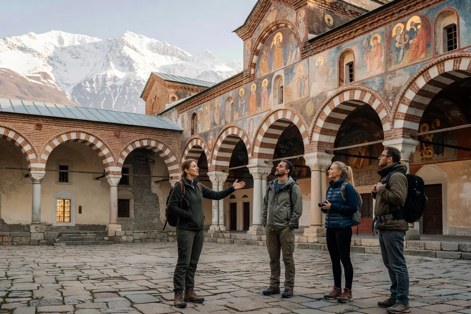Voyageurs francophones en circuit accompagné devant le monastère de Rila en Bulgarie