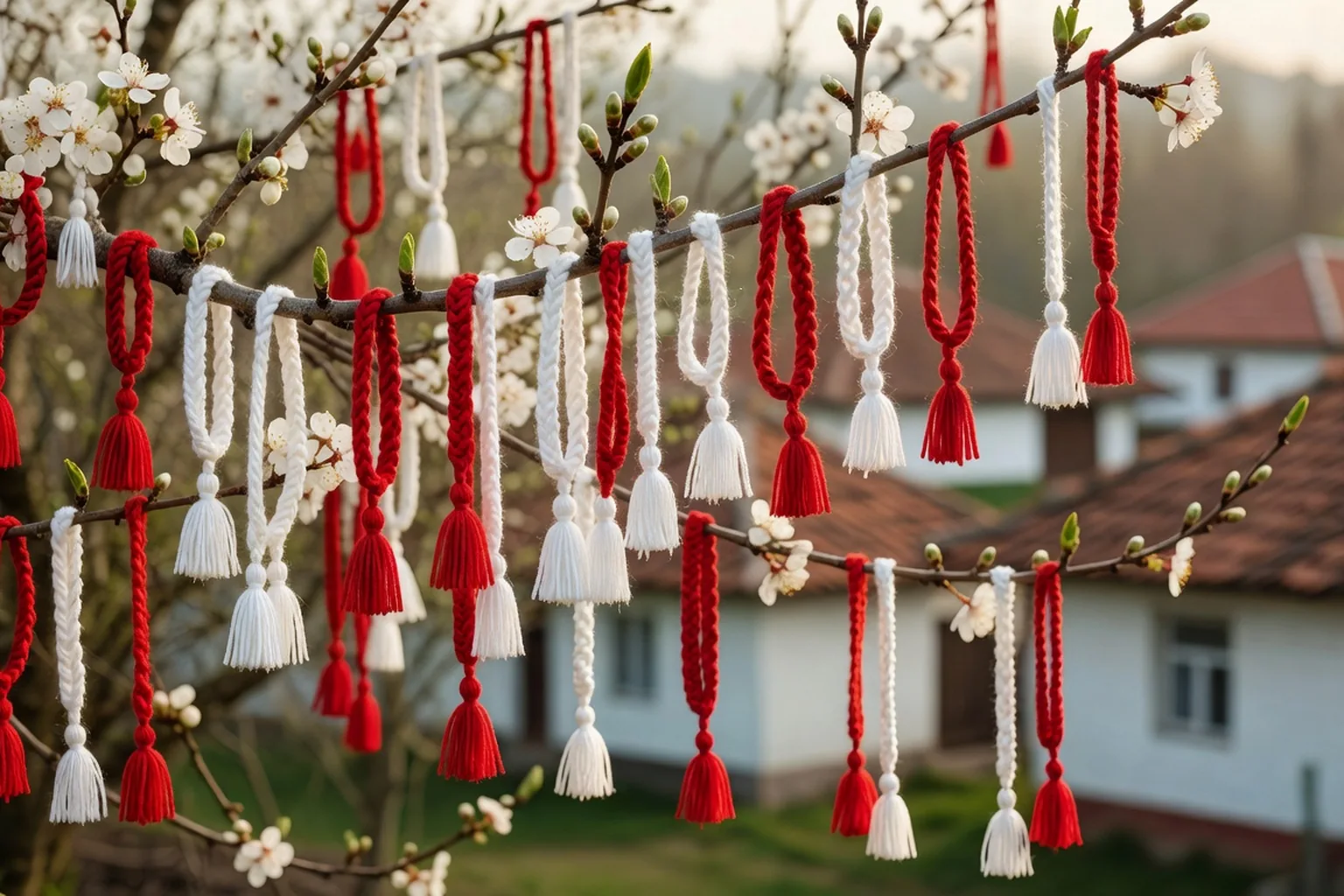 Cérémonie de Baba Marta avec martenitsi rouges et blancs accrochés à un arbre en Bulgarie