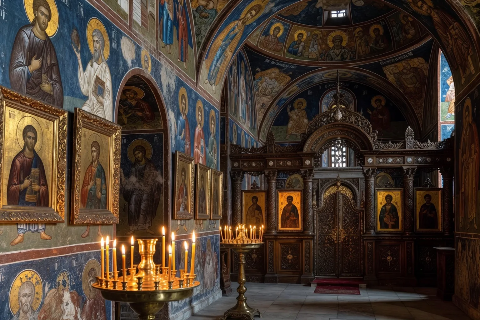 Intérieur d'un monastère bulgare avec icônes orthodoxes et fresques byzantines