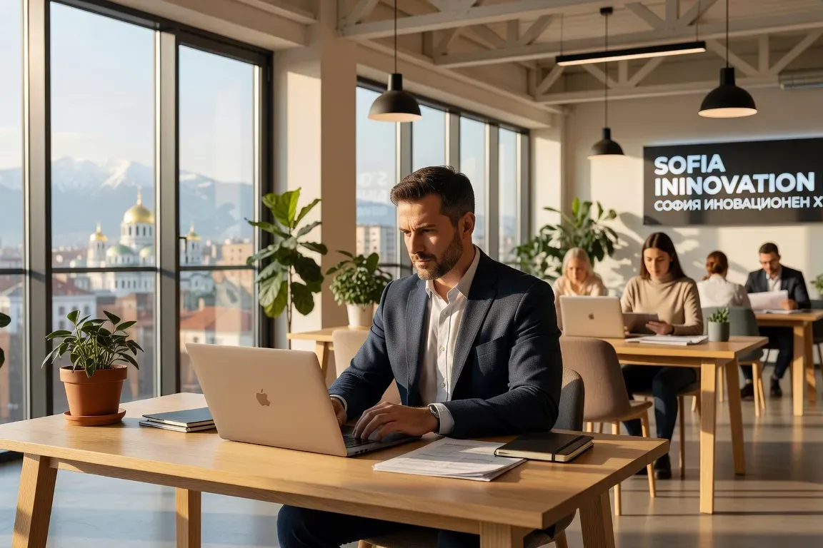 Entrepreneur français travaillant dans un café moderne de Sofia, quartier branché de la capitale bulgare