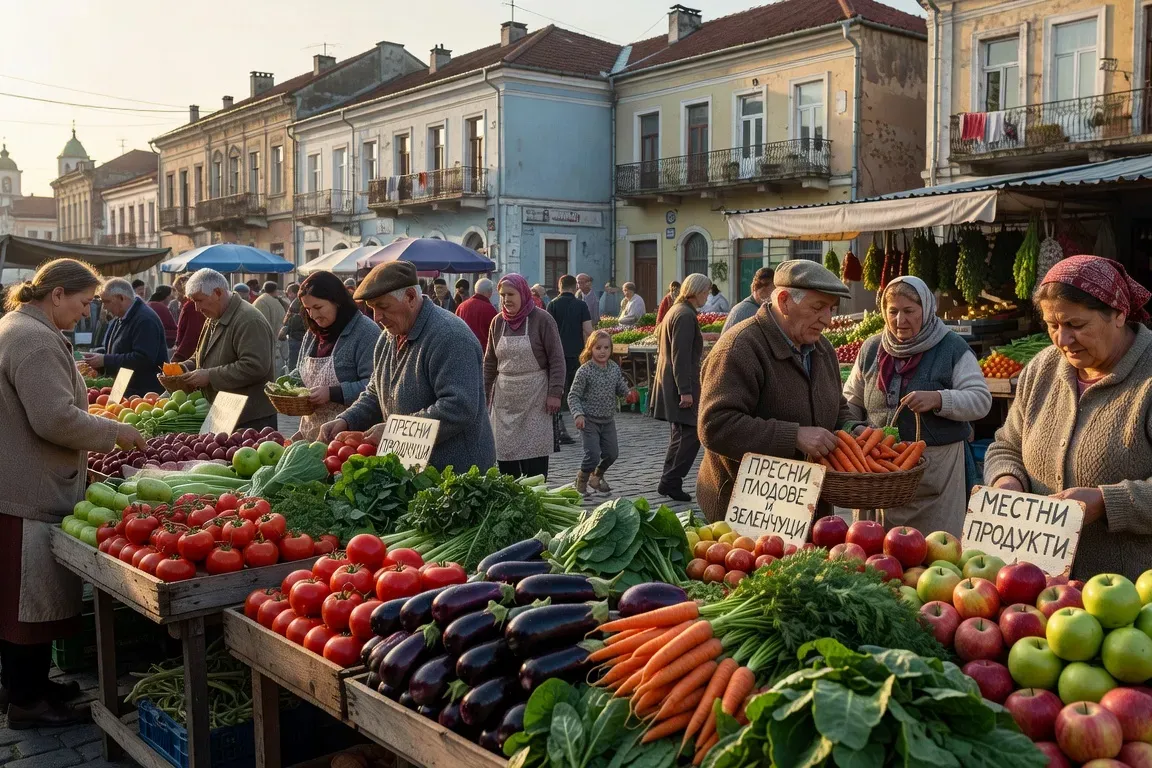 Marché de quartier à Sofia, stands de légumes et de fruits frais, vie quotidienne bulgare