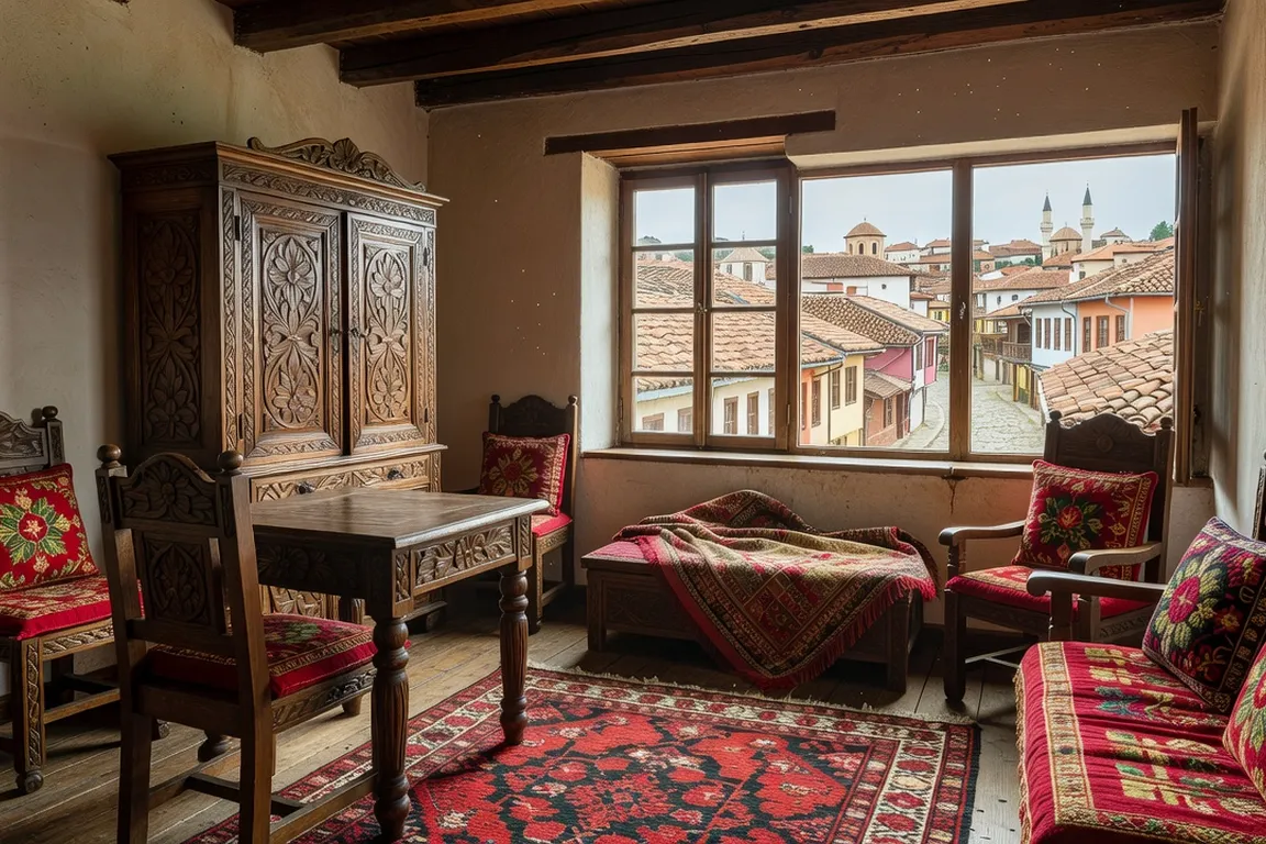 Intérieur d’une maison d’hôtes authentique bulgare, meubles en bois sculpté et textiles brodés avec vue sur Plovdiv