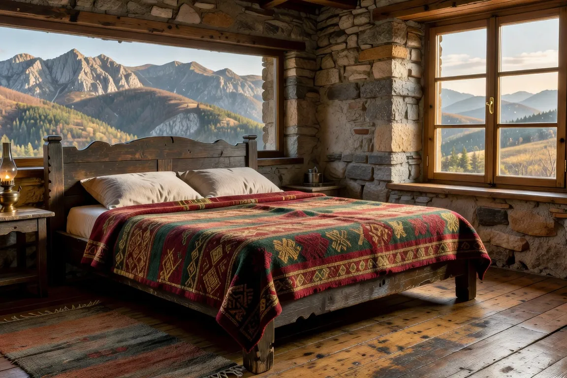 Chambre rustique dans un gîte bulgare de montagne, lit avec couverture brodée et vue sur les Rhodopes