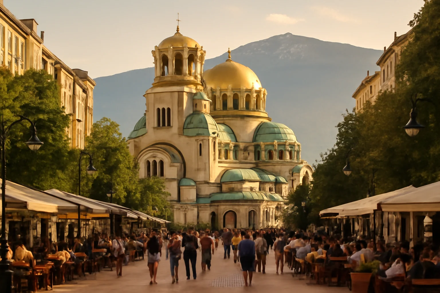Sofia, capitale de la Bulgarie : cathédrale Alexandre-Nevski, avenue animée et mont Vitosha en arrière-plan