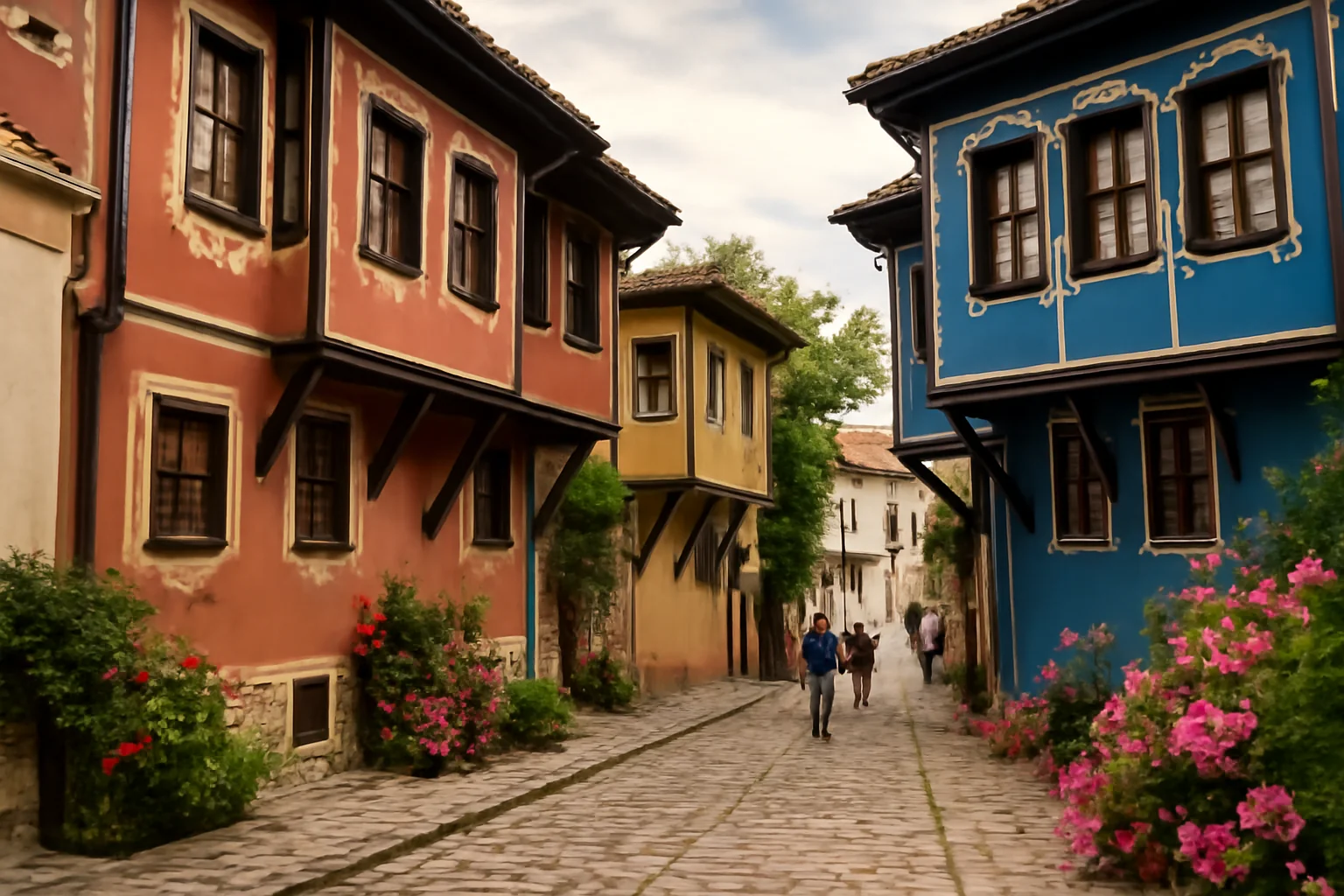 Vieille ville de Plovdiv en Bulgarie : maisons traditionnelles à colombages du XIXe siècle et ruelle pavée