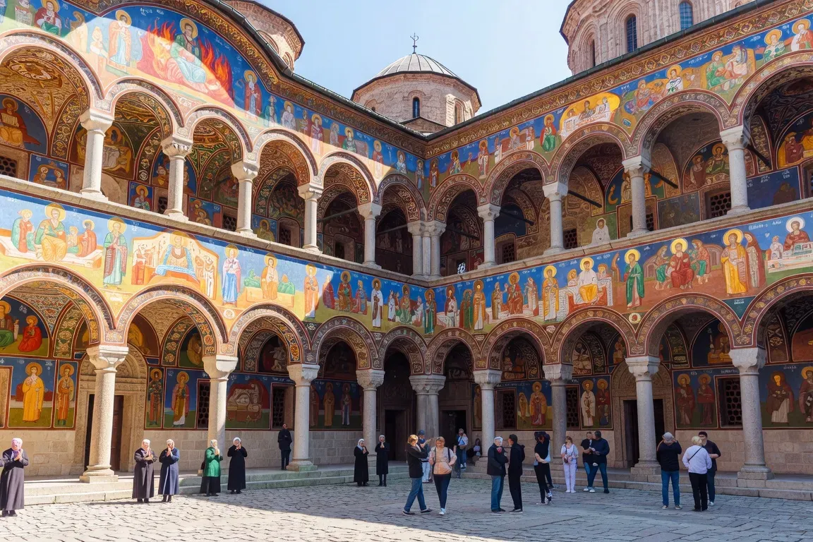 Cour intérieure du monastère de Rila en Bulgarie, galeries à arcades fresquées, architecture orthodoxe, pèlerins et visiteurs en plein jour