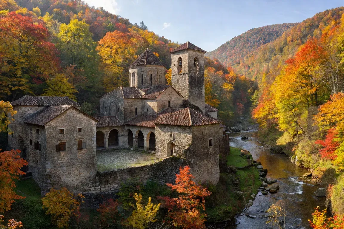 Monastère de Bachkovo en Bulgarie niché dans une vallée boisée, architecture médiévale en pierre, rivière et couleurs automnales