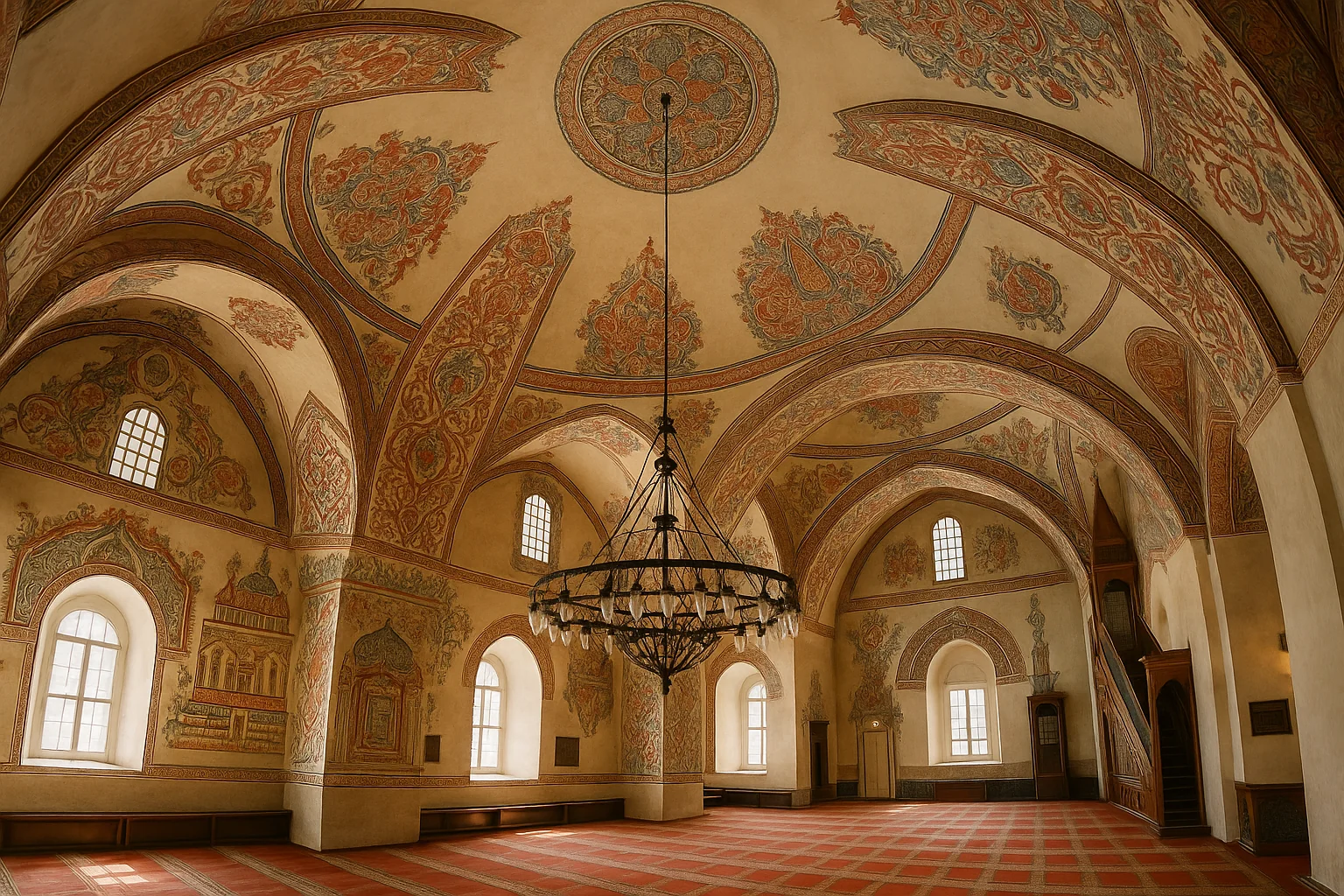 Voyageuse visitant une cour de mosquée ottomane en Bulgarie, entourée d'arcades et de colonnes