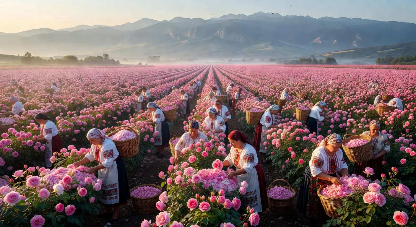 Vallée des Roses à Kazanlak en Bulgarie au lever du soleil