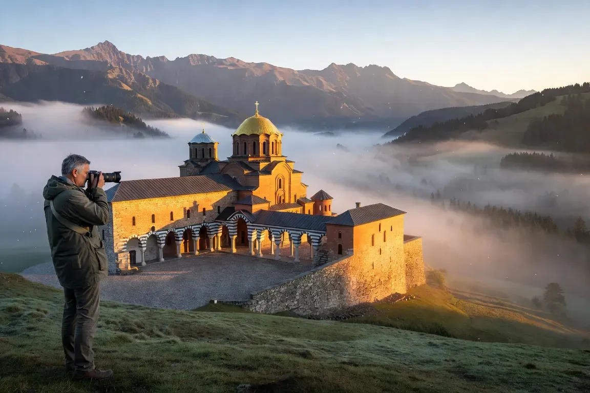 Photographe face au monastère de Rila au lever du soleil, paysage montagneux des Balkans