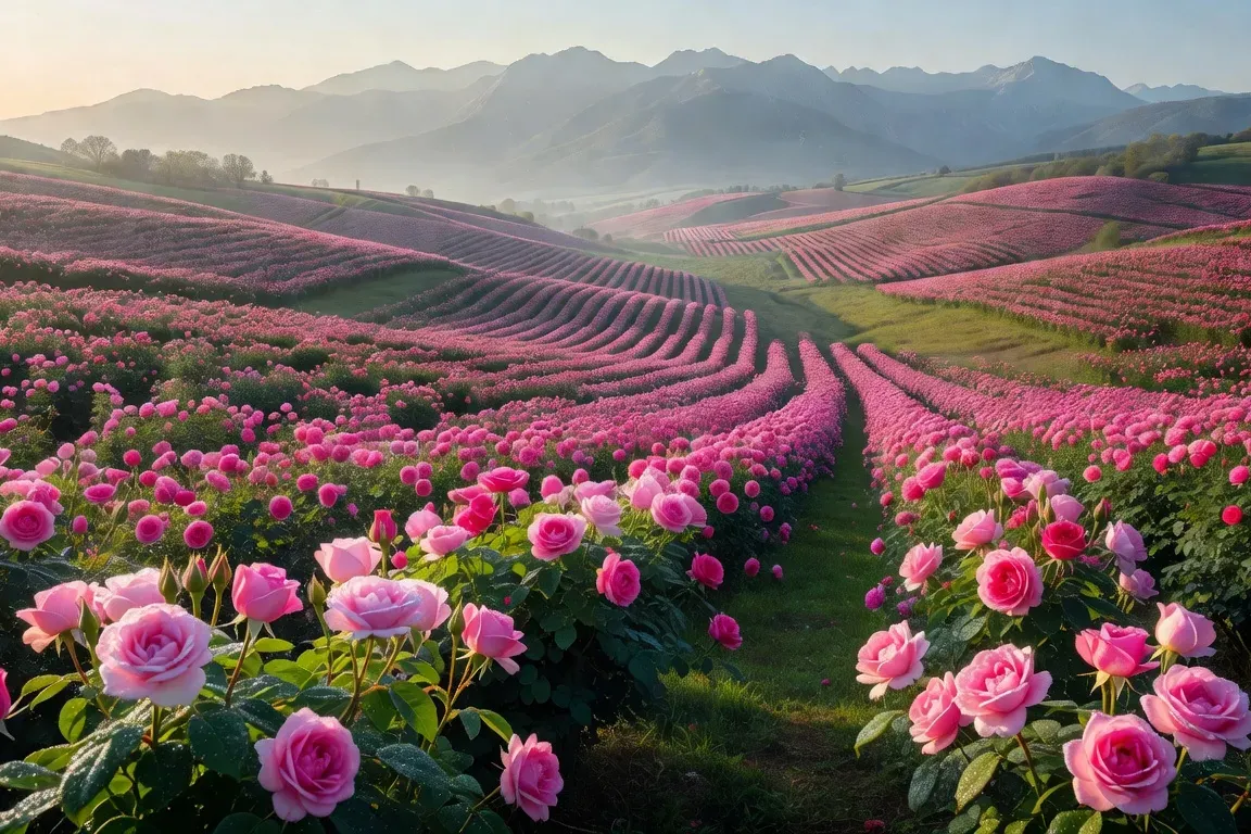 Paysage de la vallée des Roses en Bulgarie au printemps, champs de Rosa damascena en fleurs