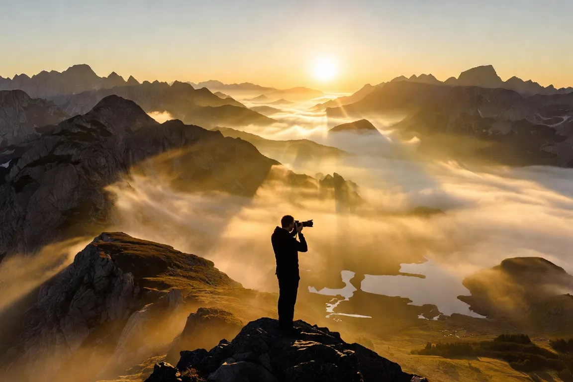 Photographe au lever du soleil sur les sommets du massif du Rila, brume matinale dans les vallées