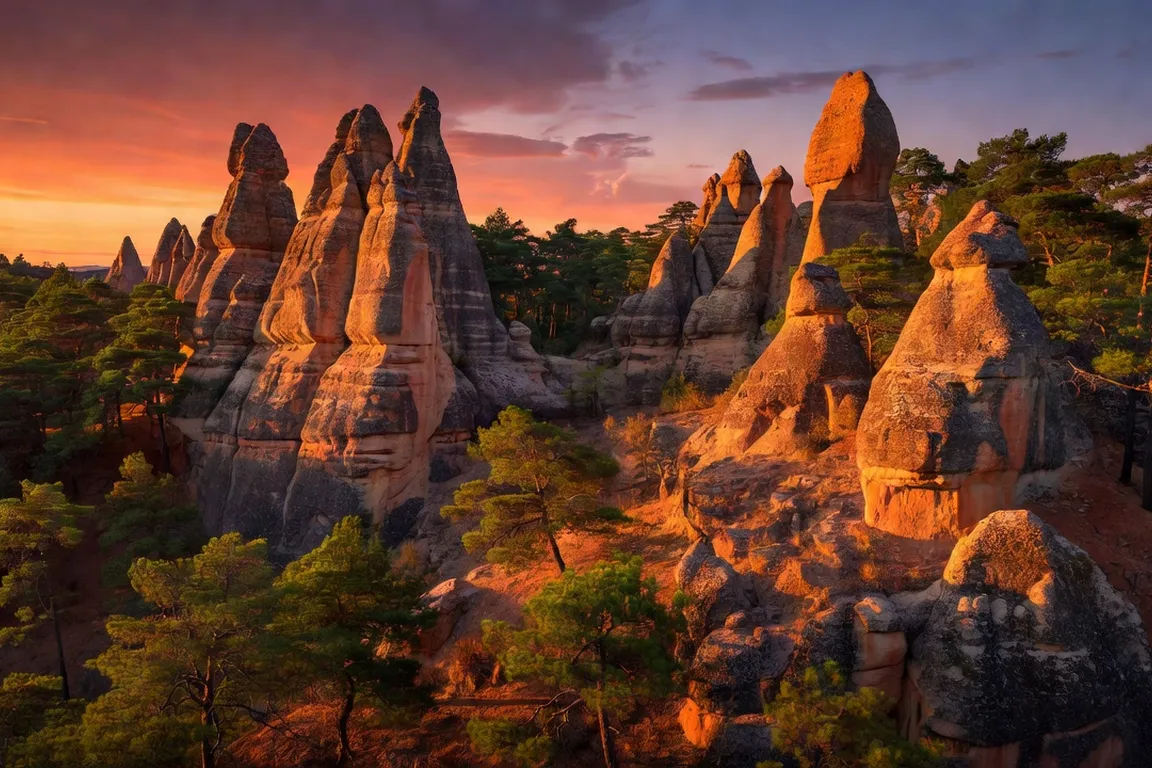 Formations rocheuses spectaculaires de Belogradchik, Bulgarie du nord-ouest, teintes orangées au coucher du soleil