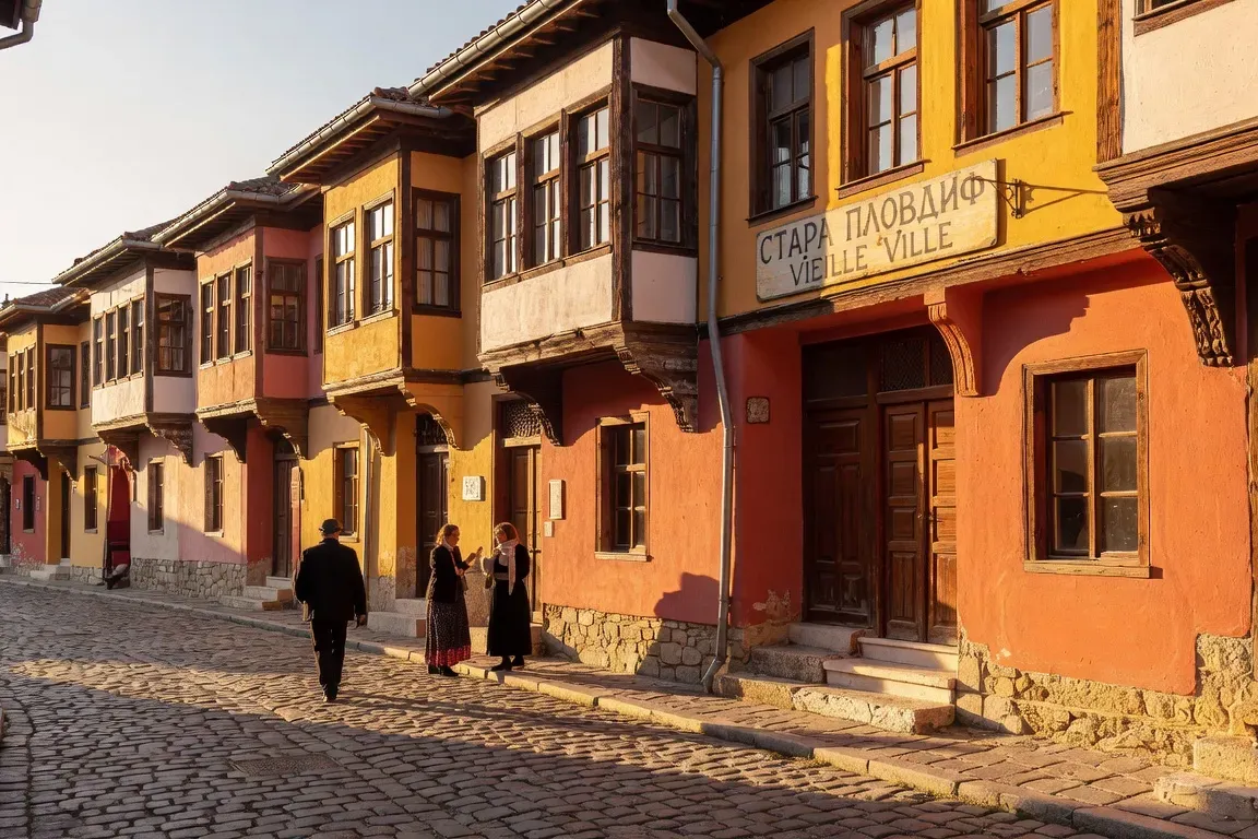 Vieille ville de Plovdiv, maisons ottomanes à encorbellements colorées sur une rue pavée, lumière dorée de l'après-midi