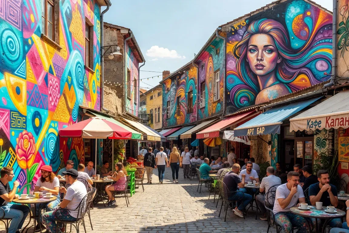 Quartier Kapana Plovdiv, fresques murales de street art colorées et terrasses de cafés animées, scène urbaine vivante