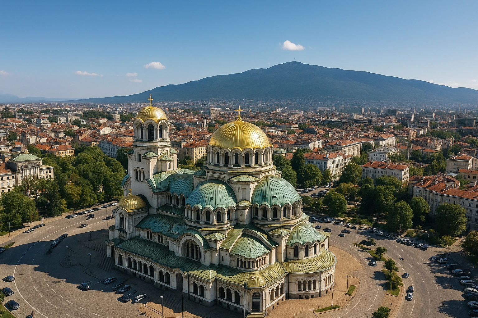 Vue aérienne de Sofia avec la cathédrale Alexandre Nevski et le mont Vitosha en arrière-plan