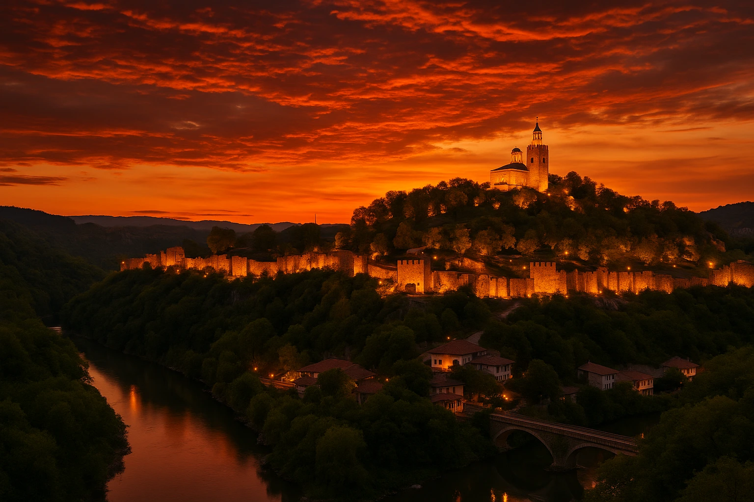 Forteresse de Tsarevets à Veliko Tarnovo illuminée au coucher du soleil