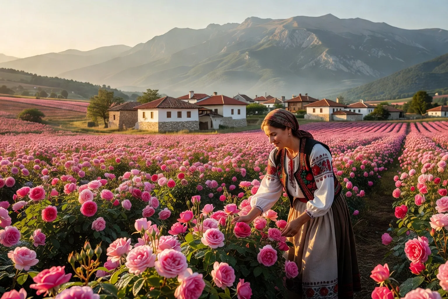 Vallée des Roses en Bulgarie au mois de juin avec champs roses en fleur et villages traditionnels