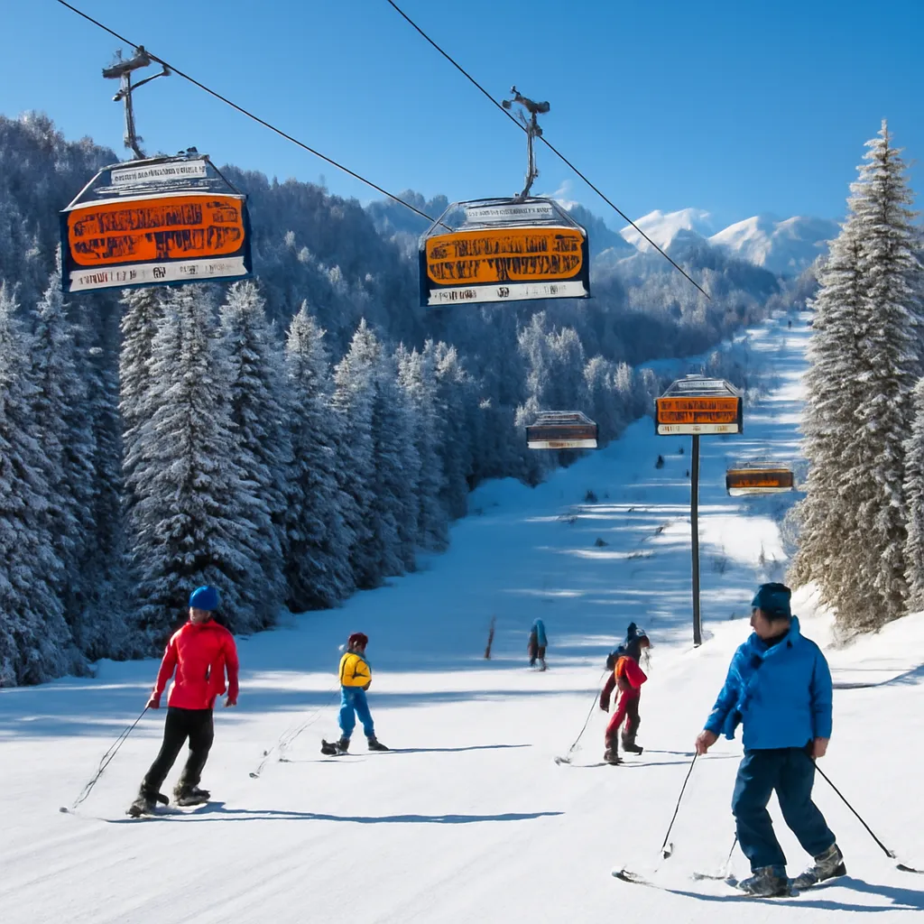 Domaine skiable de Bansko avec télécabine et sommets enneigés en Bulgarie