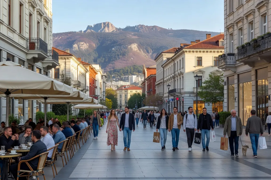Vitosha Boulevard animé à Sofia avec ses terrasses de cafés et la montagne en arrière-plan