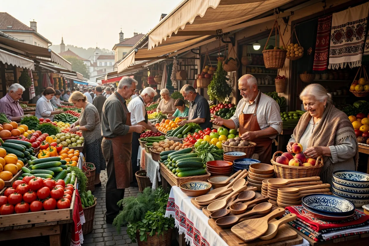 Marche Zhenski Pazar de Sofia avec etals de fruits et legumes colores