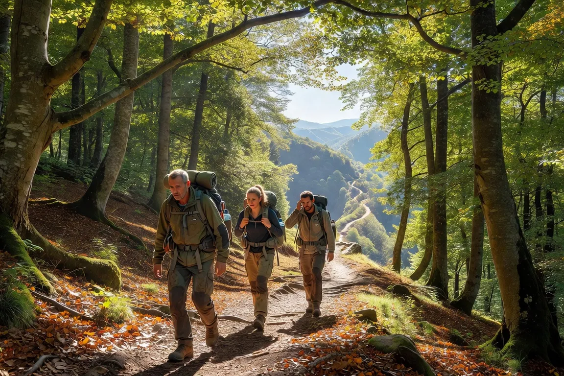 Randonneurs dans les Rhodopes bulgares, sentier en forêt de hêtres, lumière filtrée