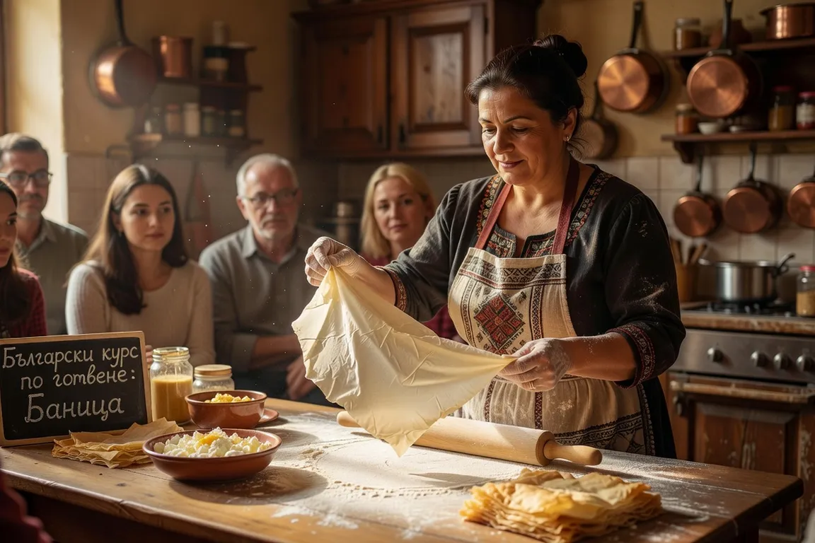 Cours de cuisine bulgare, femme bulgare en tablier traditionnel préparant des banitsa à la main