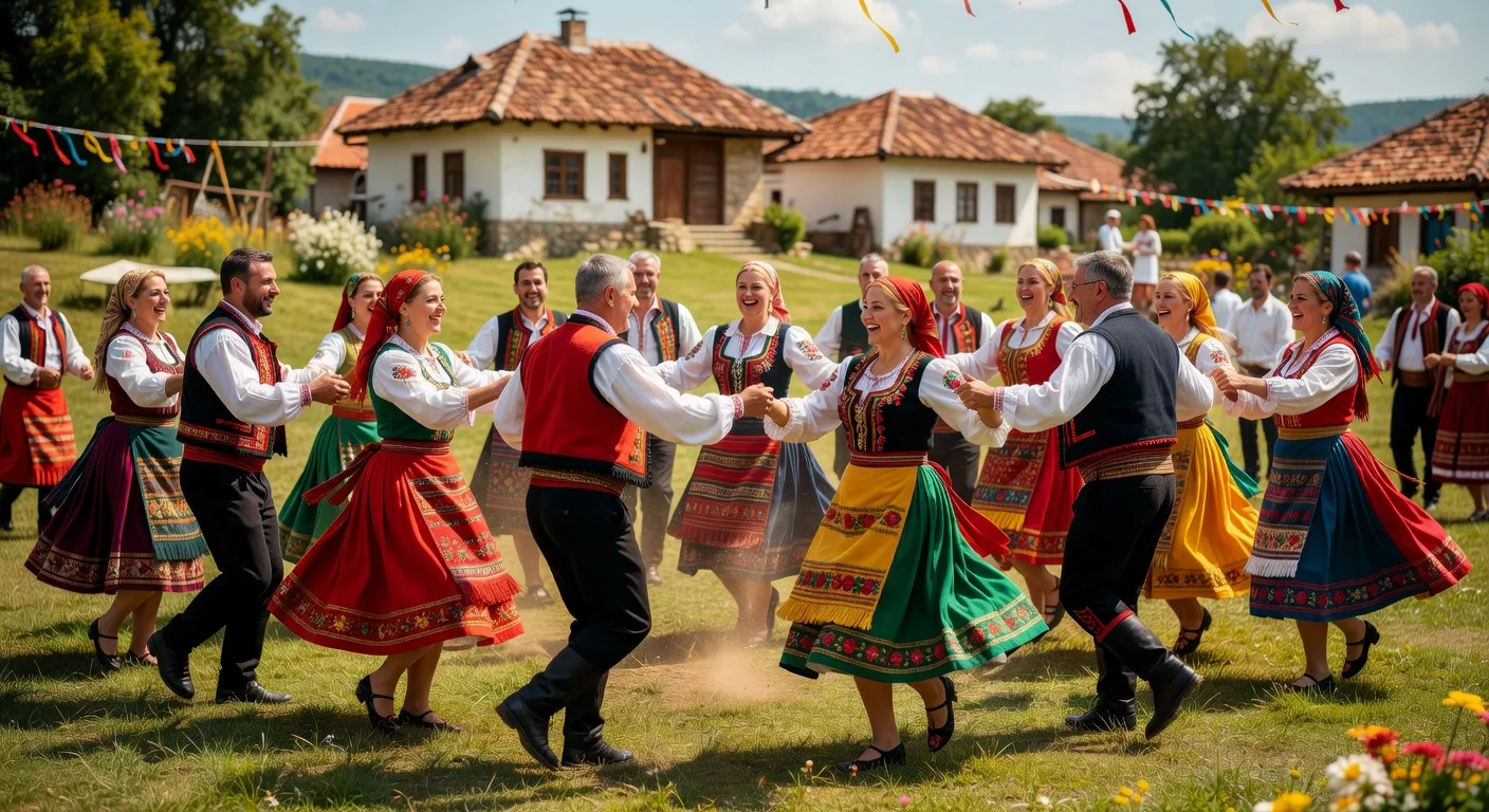 Danse horo lors d'un mariage traditionnel bulgare avec costumes folkloriques