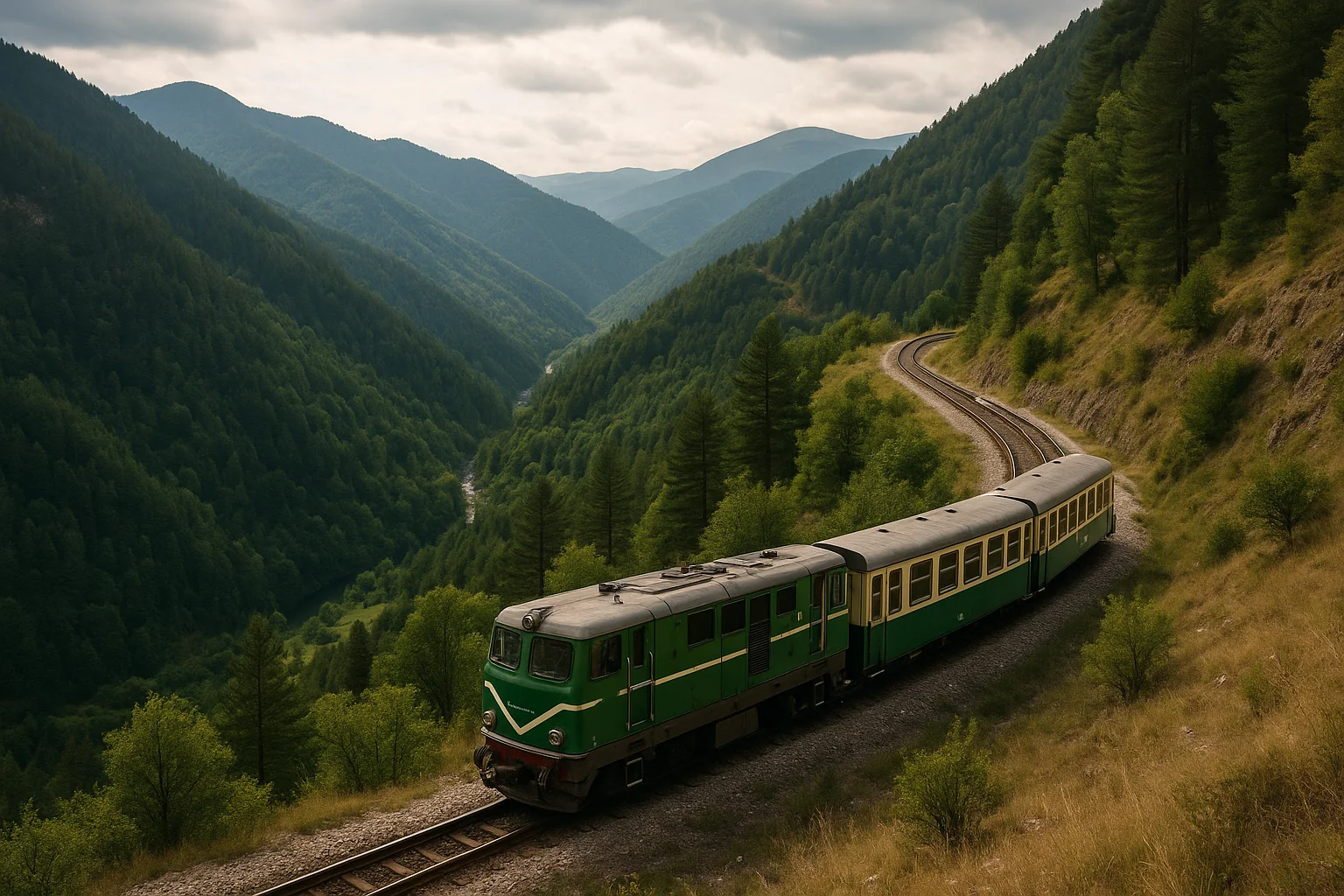 Le train à voie étroite des Rhodopes serpentant à flanc de montagne bulgare entre des forêts de sapins