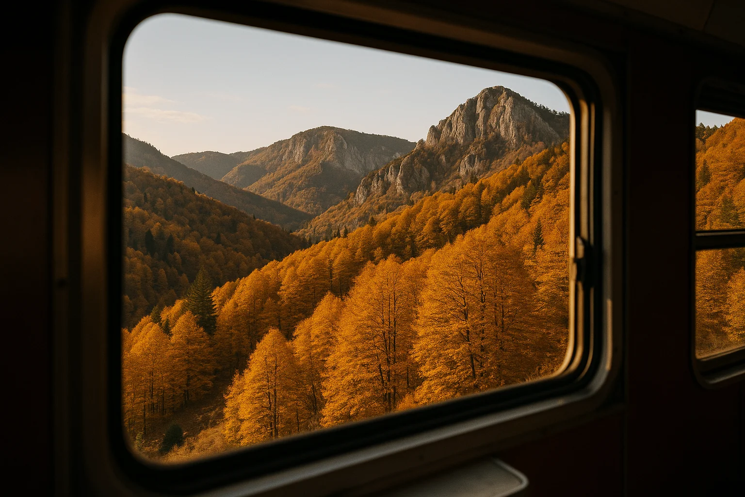 Vue depuis le train des Rhodopes sur les montagnes balkaniques en automne avec des feuillages dorés