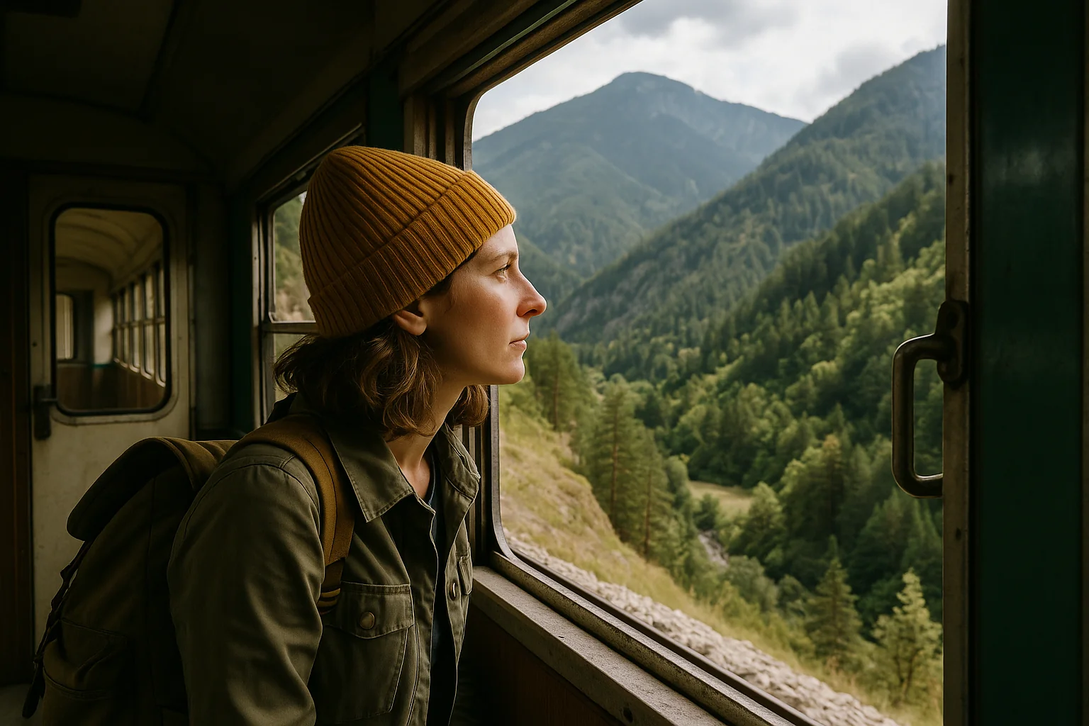 Voyageuse regardant le paysage par la fenêtre du train des Rhodopes en Bulgarie