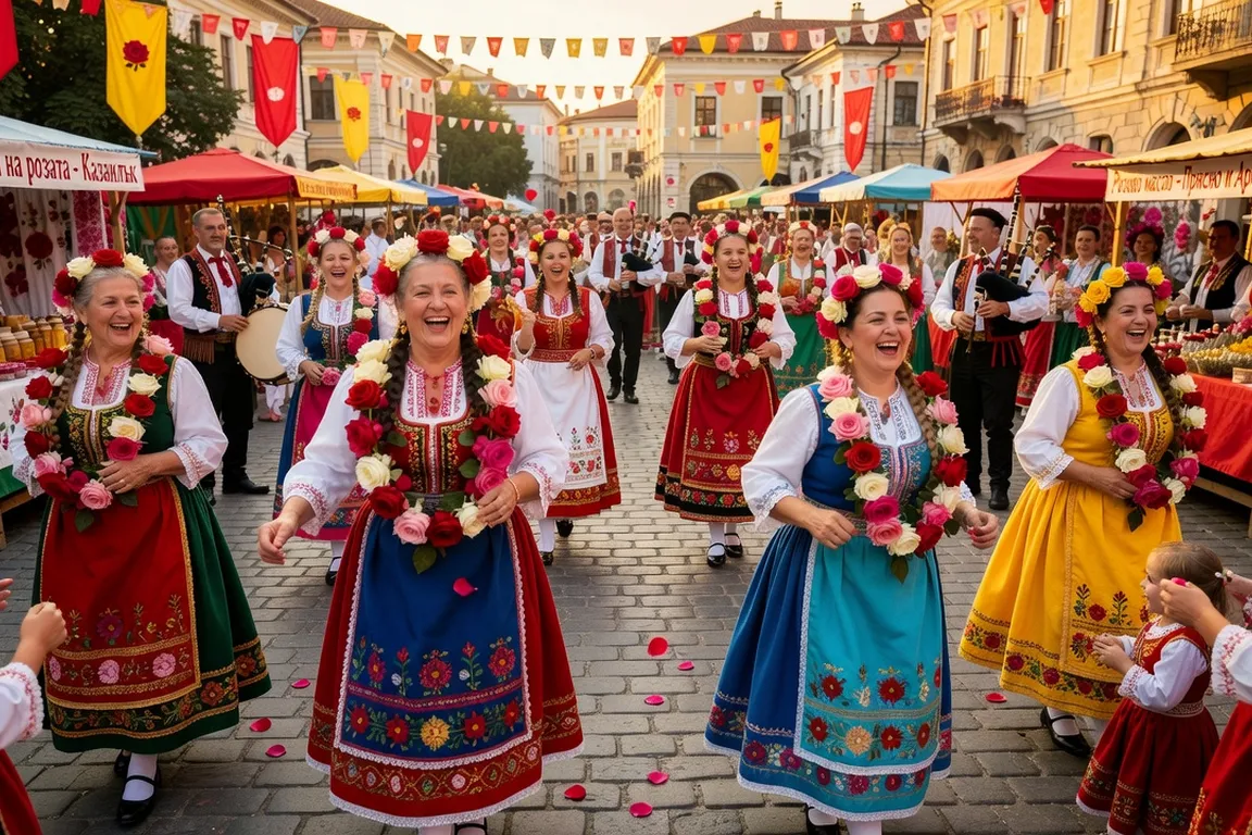 Festival de la rose à Kazanlak, femmes en costumes folkloriques bulgares avec guirlandes de fleurs