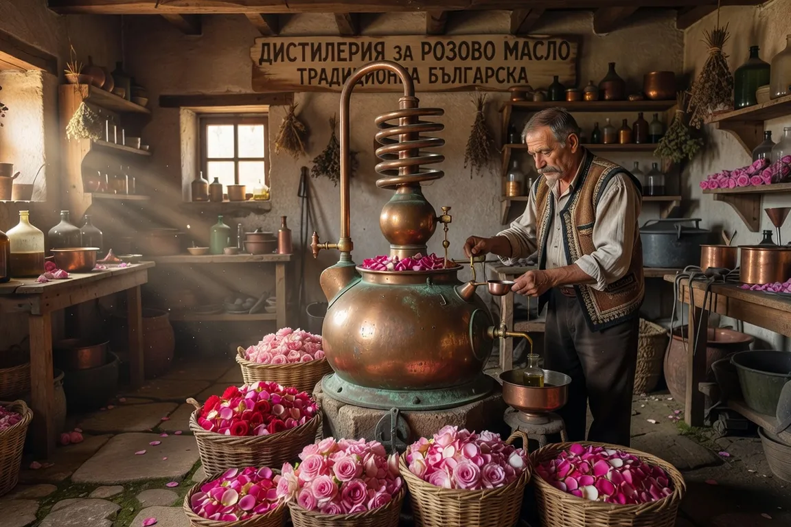 Distillerie d’huile de rose traditionnelle bulgare, alambic en cuivre et artisan distillateur