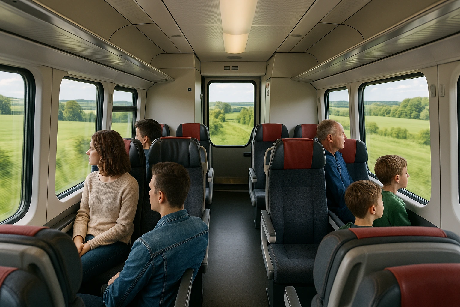 Intérieur d'un train intercités bulgare avec des passagers regardant le paysage verdoyant