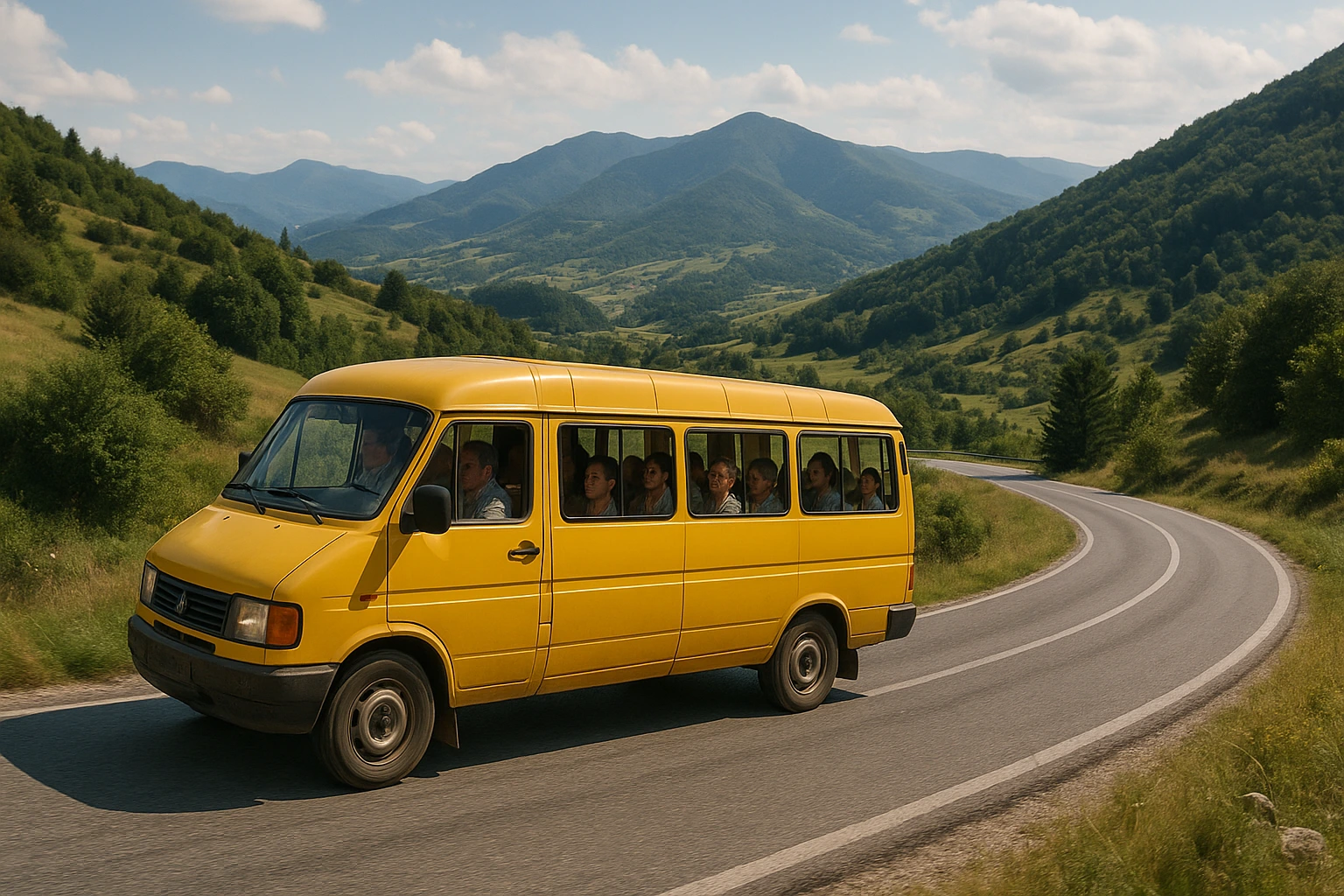 Minibus partagé de type marshrutka sur une route de campagne bulgare
