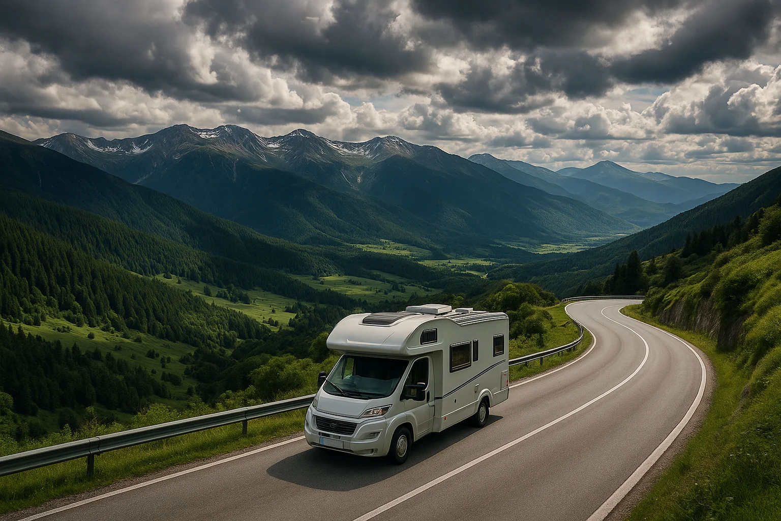 Camping-car le long d'une route panoramique dans les montagnes de Rila en Bulgarie