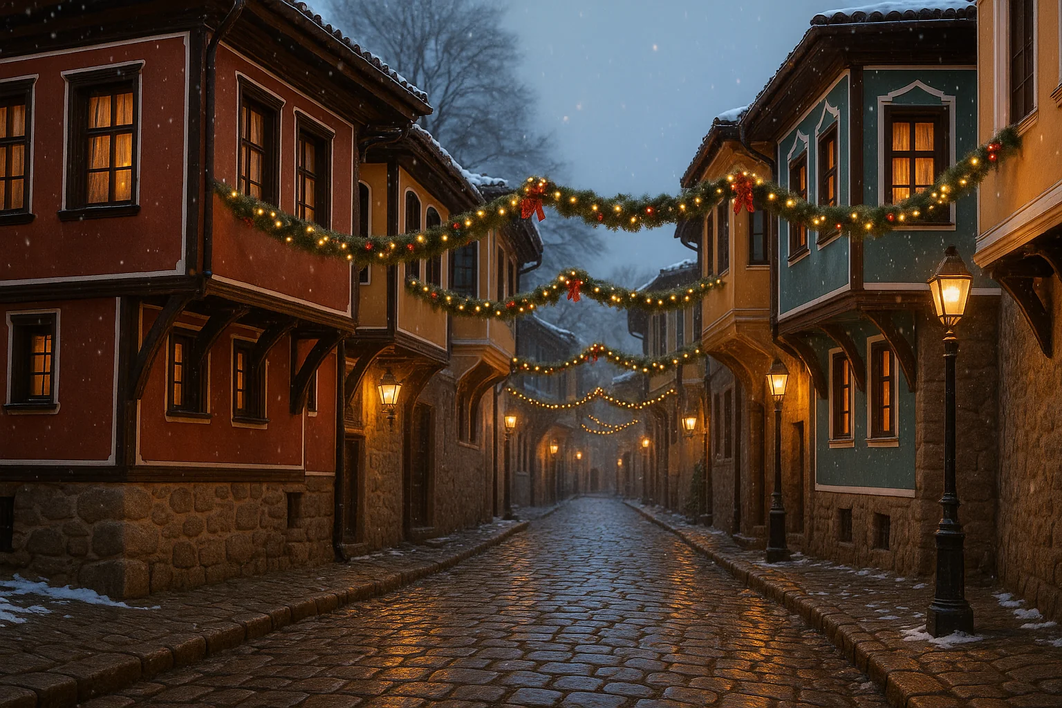 Ruelles de la vieille ville de Plovdiv décorées de guirlandes lumineuses pour les fêtes de fin d'année