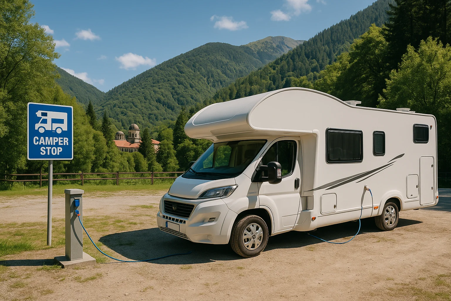 Aire de camping-car aménagée à proximité du monastère de Rila en Bulgarie