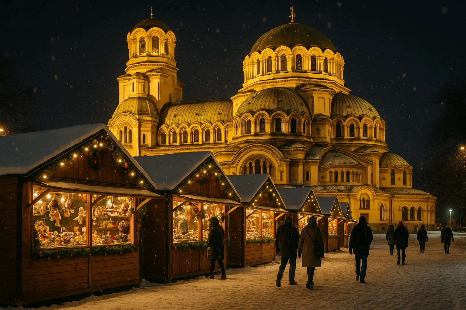 Chalets en bois du marché de Noël de Sofia devant la cathédrale Alexandre-Nevsky illuminée