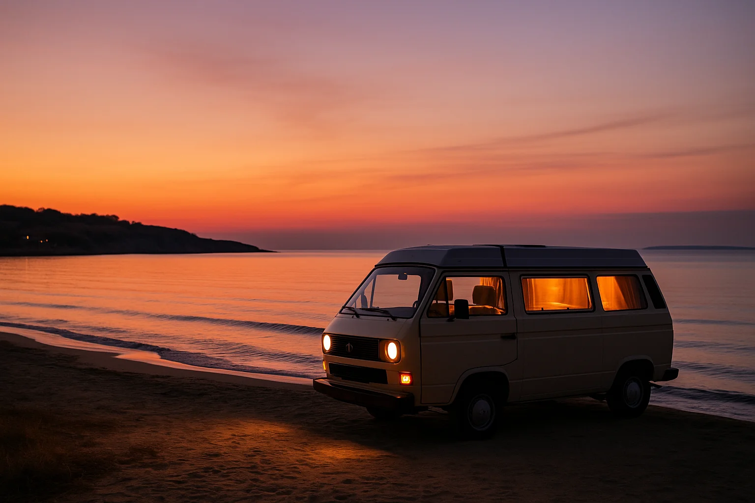 Camping-car au crépuscule sur une plage de la mer Noire près de Sozopol en Bulgarie