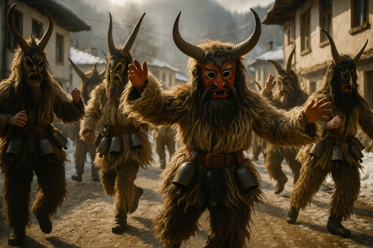 Danse traditionnelle de Kukeri avec masques et cloches lors des célébrations de fin d'année en Bulgarie