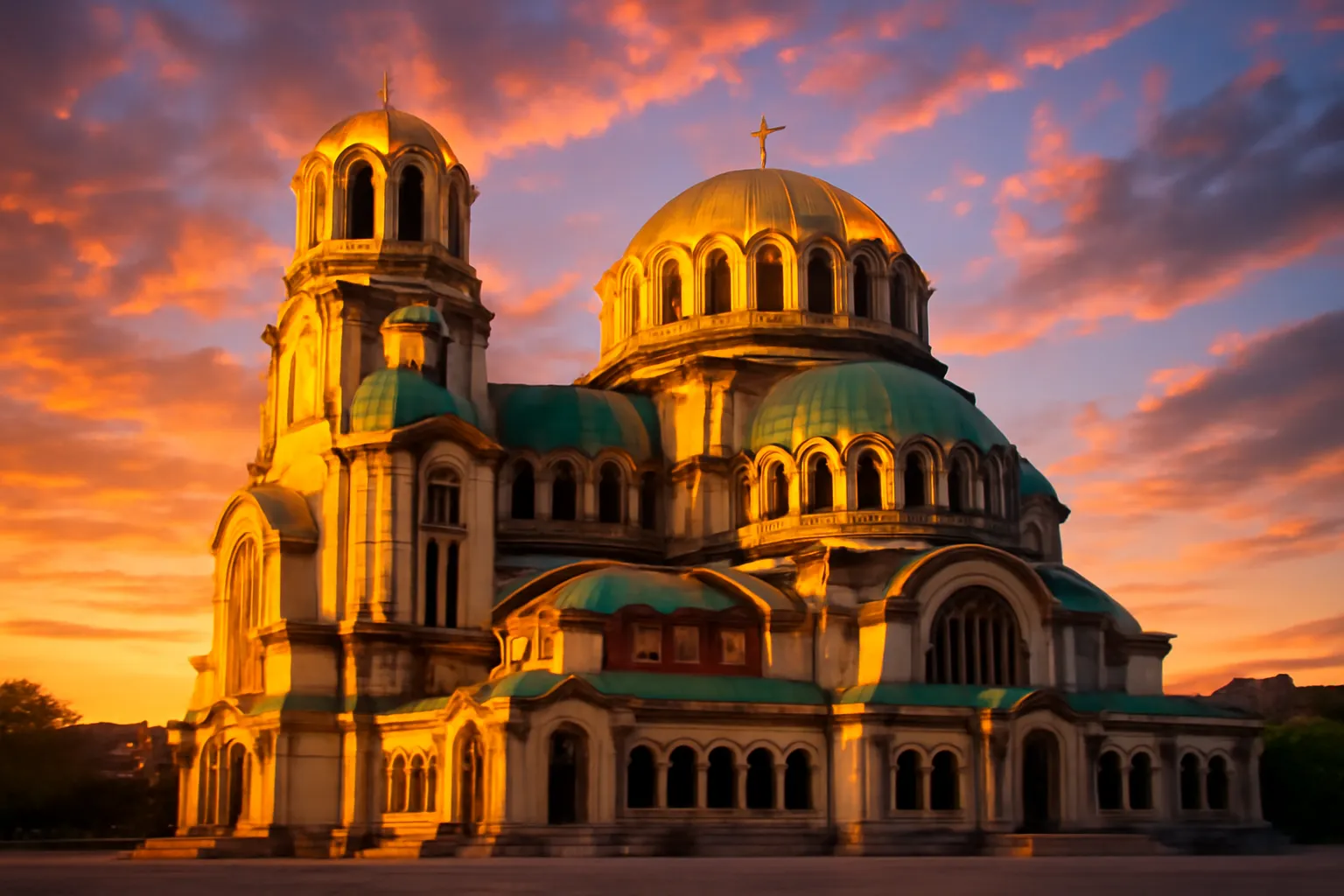 Cathédrale Alexandre-Nevski de Sofia illuminée au coucher du soleil