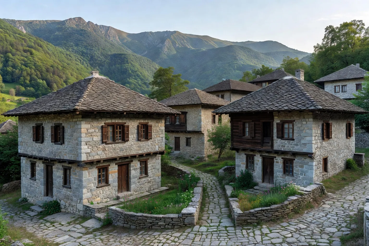 Maisons en pierre traditionnelles de Bojentsi avec toits de tuiles dans les collines des Balkans bulgares