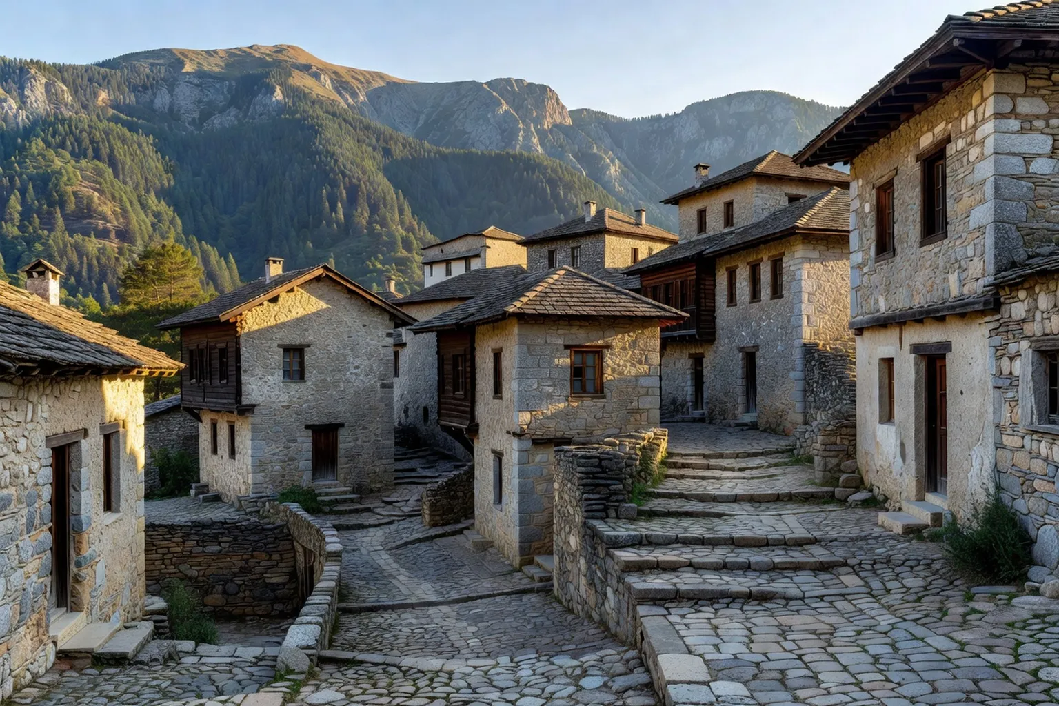 Village de pierre de Kovachevitsa dans les Rhodopes bulgares avec ses maisons traditionnelles et son sentier en escalier